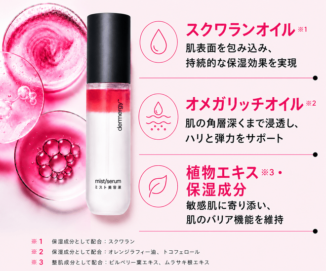 スクワランオイル、オメガリッチオイル、植物エキス保湿成分